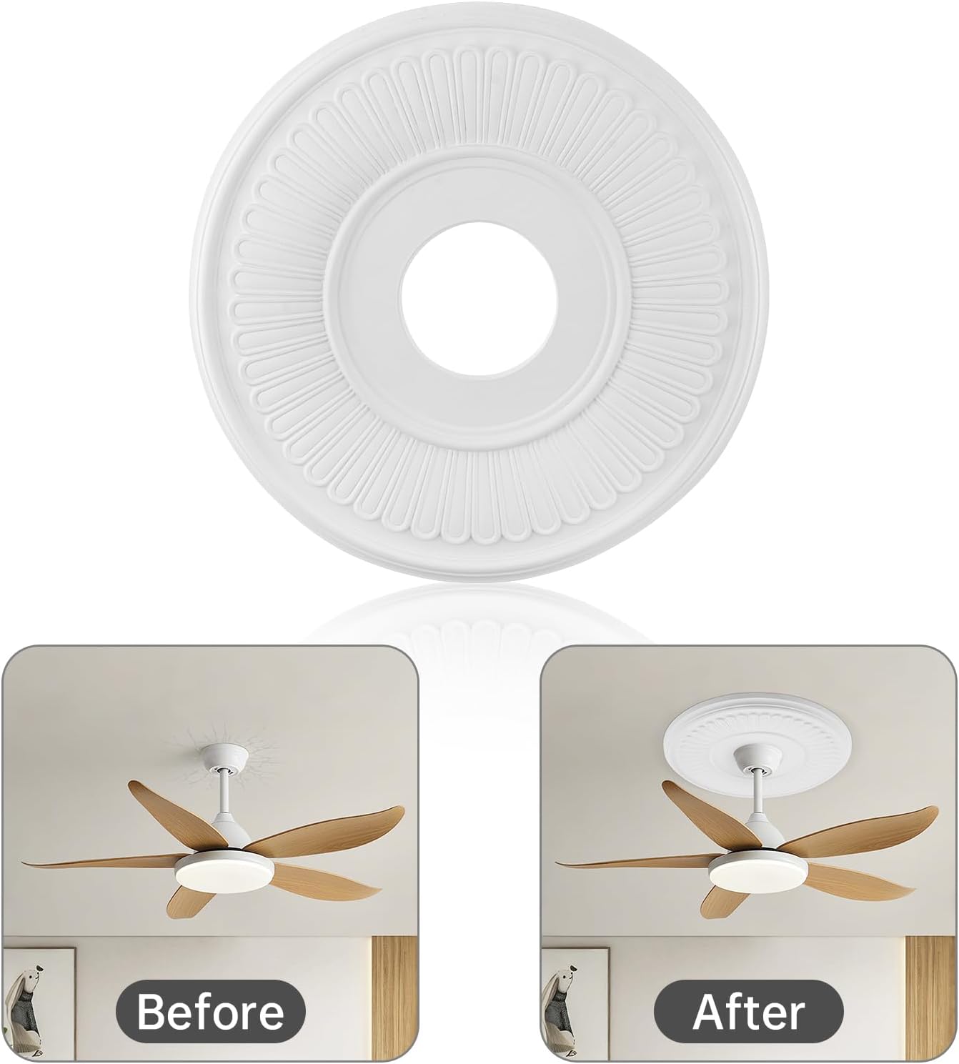RTNLIT Ceiling Medallions for Light Fixtures and Ceiling Fans, Ceiling Light Medallion, 13.1"OD x3.4"ID x 0.7"P, White Finish (Pack of 1)