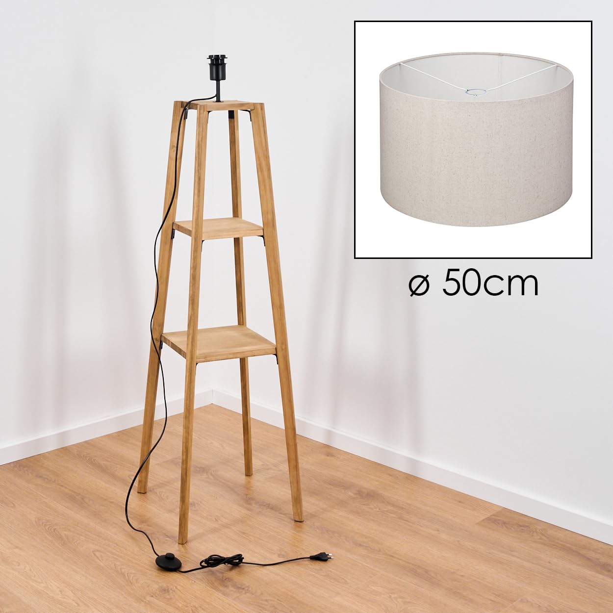 HOFSTEIN Stehleuchte Flemming, Stehlampe aus Holz/Metall im modernen Boho-Design, Schirm aus Stoff, Ø 50 cm, 152 cm, E27, mit Fußschalter und Ablagefläche - Wohnzimmer, Schlafzimmer, Esszimmer, Flur