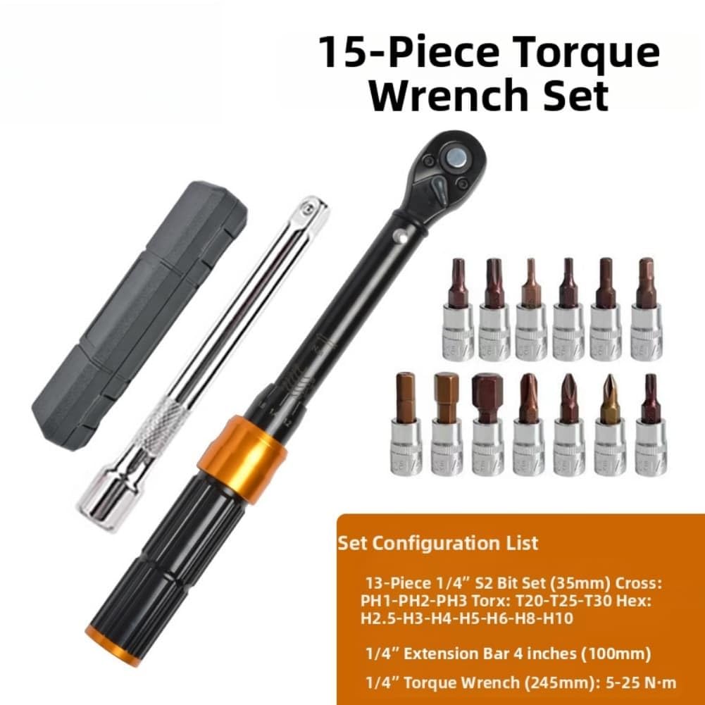 Set di chiavi dinamometriche, 2-24 Nm, con cricchetto a 72 denti, kit da 15 pezzi per riparazione bici, moto, auto