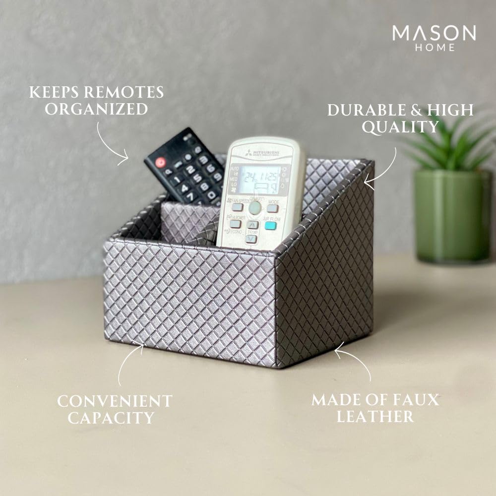 MASON HOME Vegan Leather & Mdf Braided Grey Remote Holder - 1pc - L 6.25" x B 5" x H 5" | Decorative Multifunctional Space Saving Organizer Stand | Rom - Table - Desk | AC TV Controller - Gadgets
