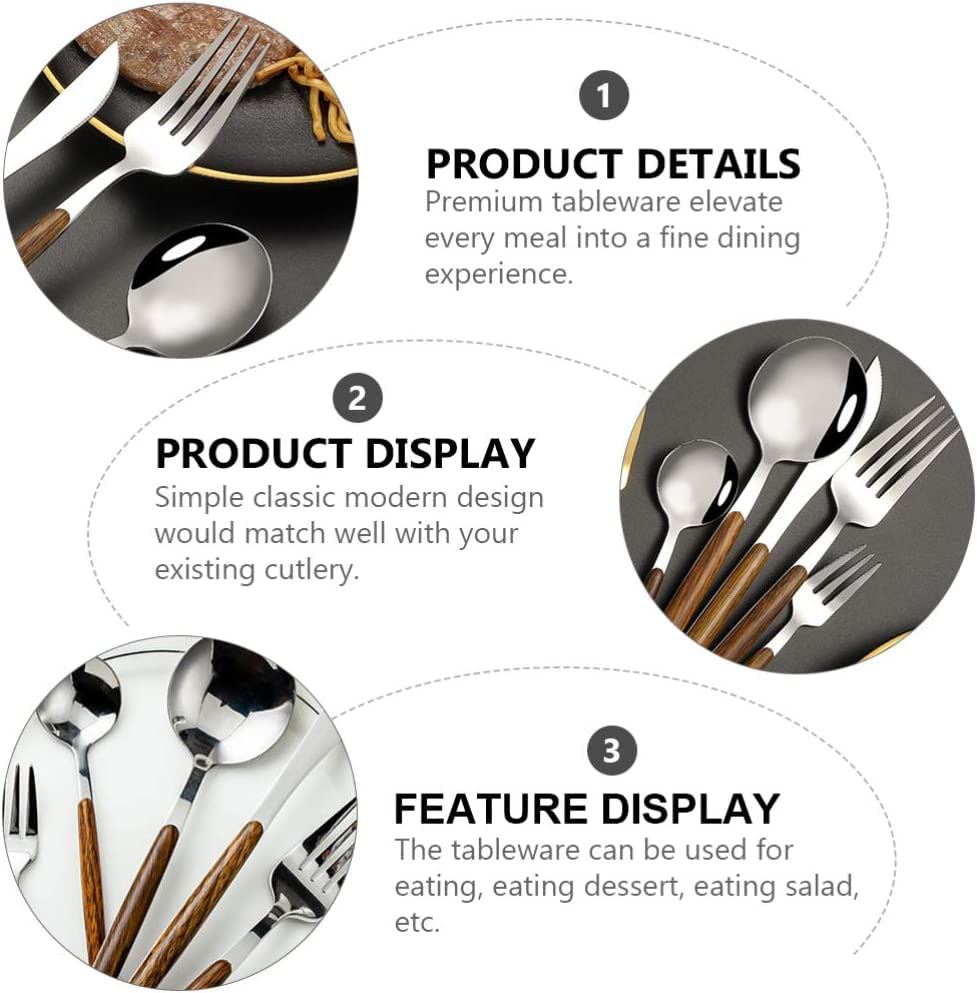 Image of Gold Flatware Matte Wooden Handle Stainless Steel Tableware Sets for 3 Including Forks Spoons Knives, Camping Silverware Travel Utensils Set Cutlery(Silver, Set of 15)