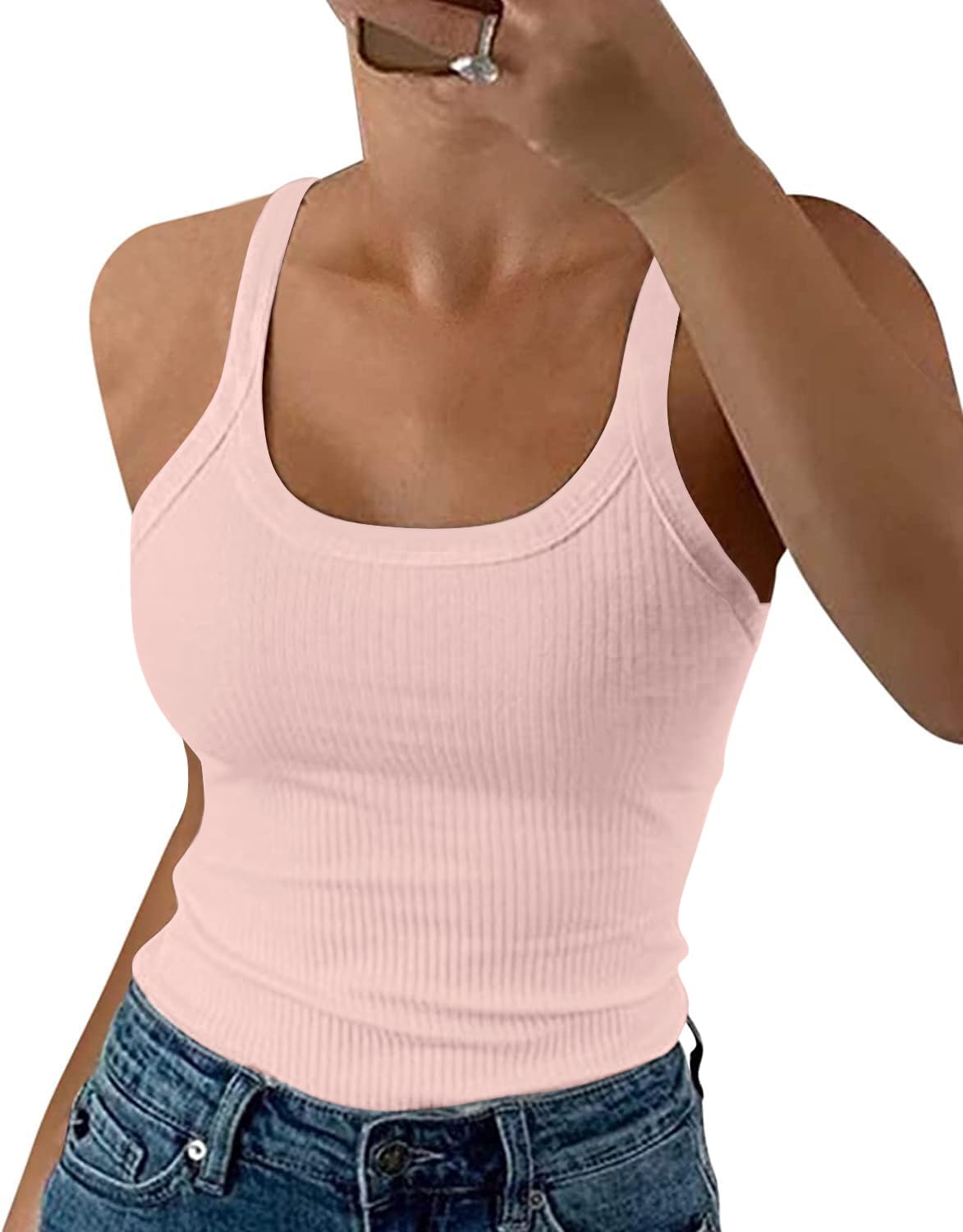 DUOEASE Spaghetti Top Damen Sommer 2025 Gerippt Rundhals Tank Top Basic Einfarbig Slim Fit Stretch Top