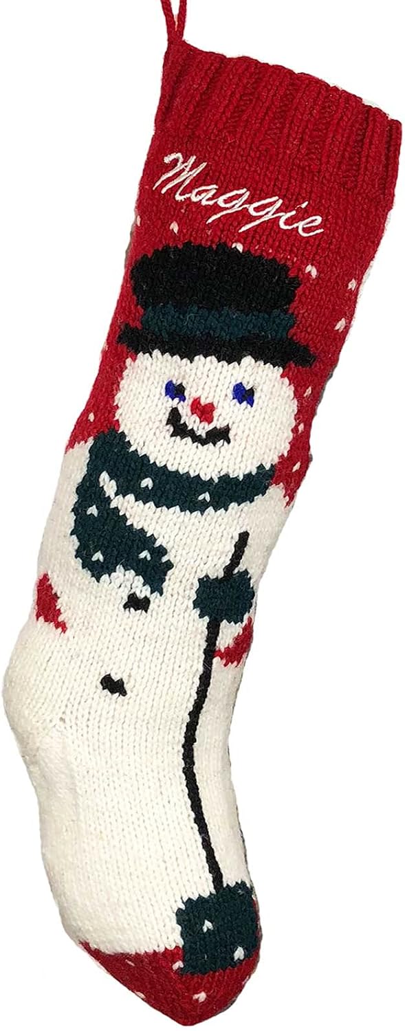Personalized Hand Knit Mary Red Wool Snowman Chirstmas Stocking with Optional Personalization