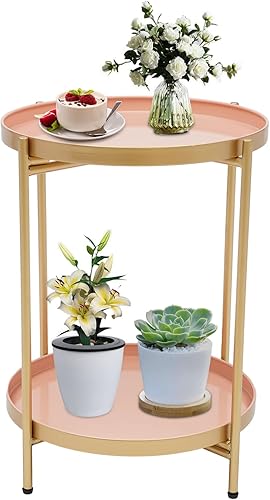 GDNTMU Mesa auxiliar de 2 niveles mesa auxiliar redonda de metal para exteriores con bandeja extraíble pequeña mesa de acento plegable mesita de