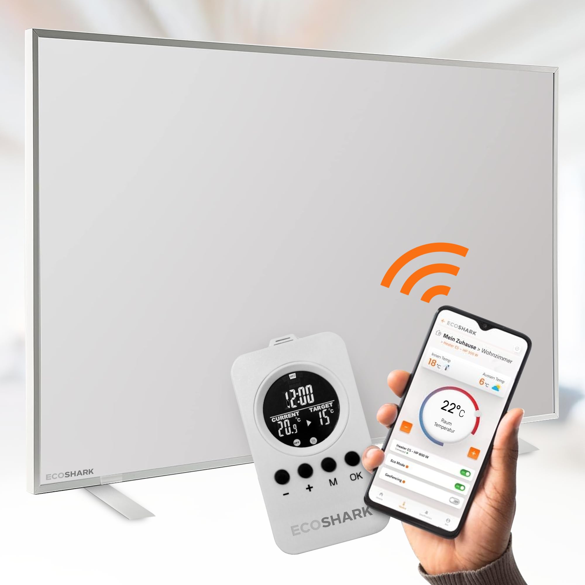 Infrarotheizung mit Thermostat 800W weiß [ENERGIEKOSTEN SPAREN] - inkl. Fernbedienung - Smart-Home fähige Elektroheizung für 13-20 m² - Standgerät/Wandmontage (TÜV zertifiziert)