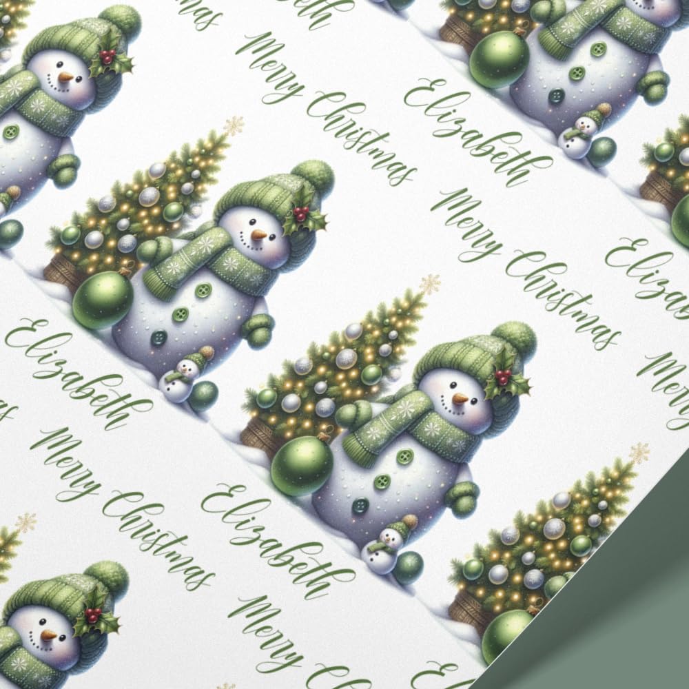 Personalised Christmas Wrapping Paper โ Snowman & Tree Design โ Custom Name Gift Wrap โ Green Theme โ 61cm Width Rolls โ Premium 100gsm Paper โ Gift Wrap 4 U