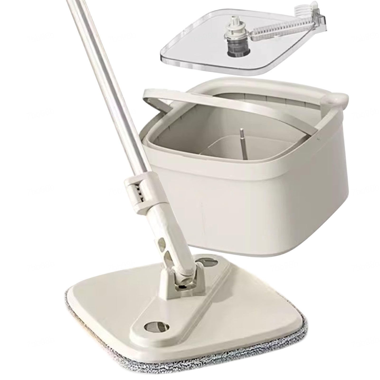 Juego de cubo y fregona giratoria para suelo plano con escurridor |Trapeador para limpieza de pisos manos libres, separa el agua sucia y limpia Trapeador para pisos seco/húmedo autolimpiante para