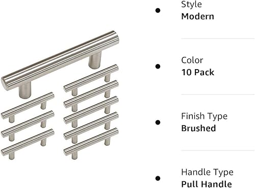 Miniatura 7 de homdiy - Tiradores de níquel cepillado para gabinetes, barra en T para cajones y puertas de alacenas de cocina y cómodas, paquete de 10 tiradores,