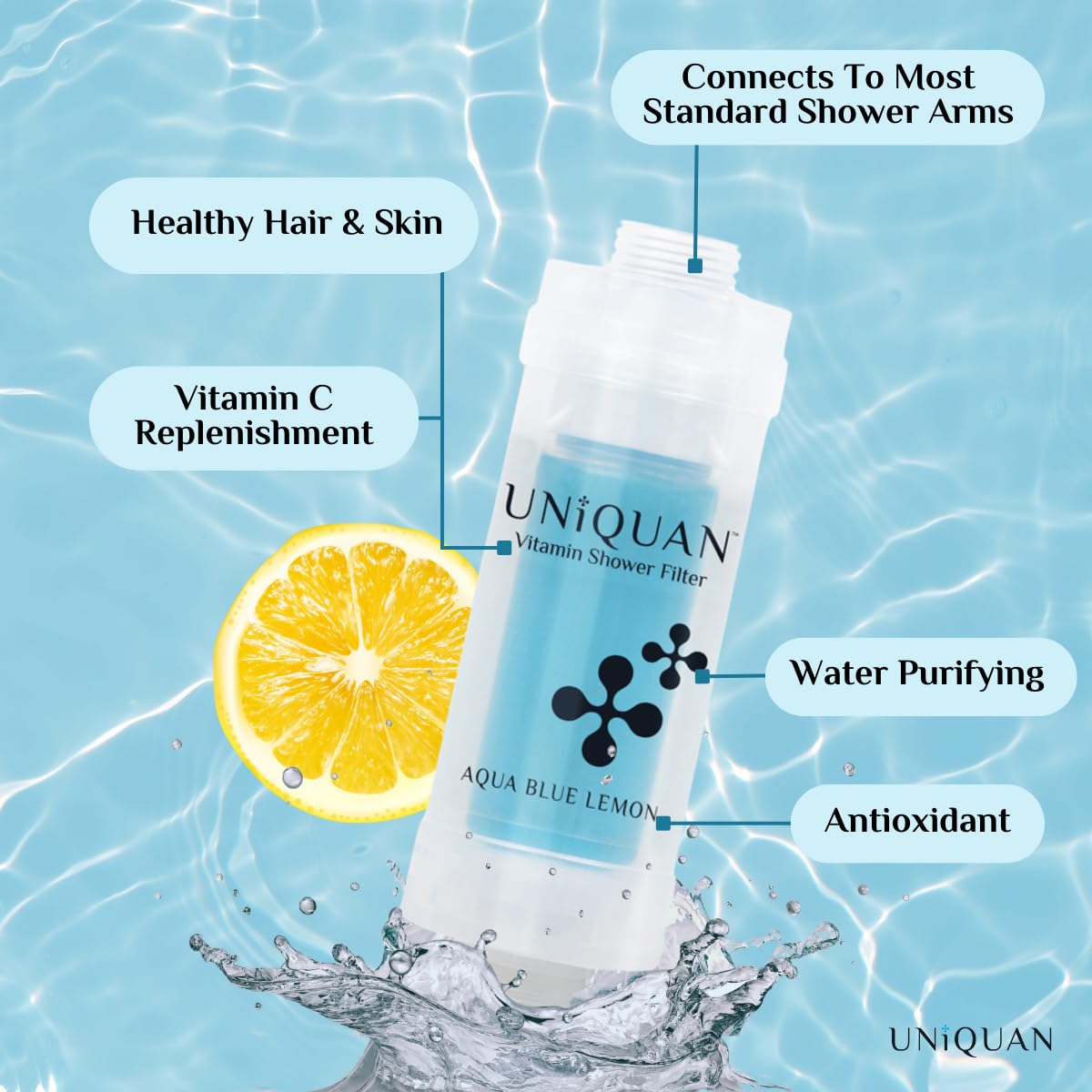 Uniquan Premium Vitamin Shower Filter - Vitamin C Infused, Soften Hard Water, Chlorine & Flouride Removal, Healthy Skin & Hair, Easy Installation,Korea, Aromatherapy – AQUA BLUE LEMON