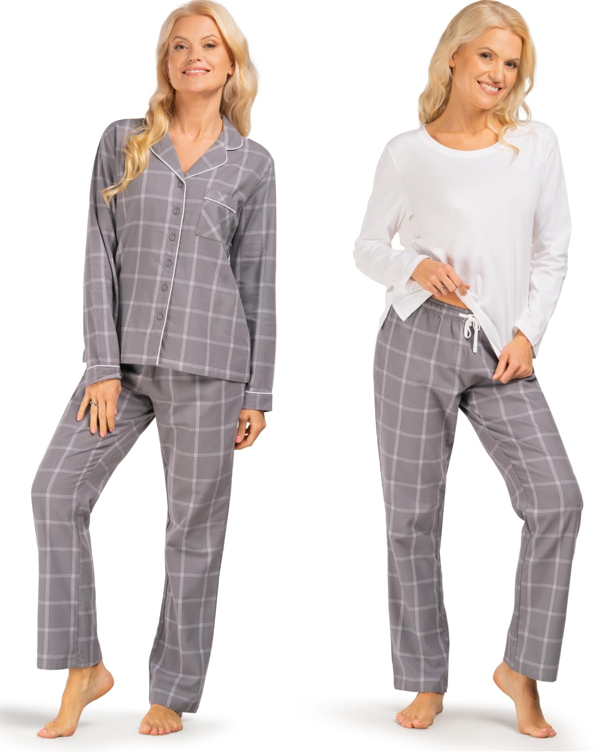 Consult-Tex Damen Flanell Pyjama 3-teilig mit Langarm - Pyjama Set mit 1 Hose & 2 Langarm Oberteilen aus Reiner angerauter Baumwolle. 3er Set für Frauen mit Knopfleiste schönem Karodessin
