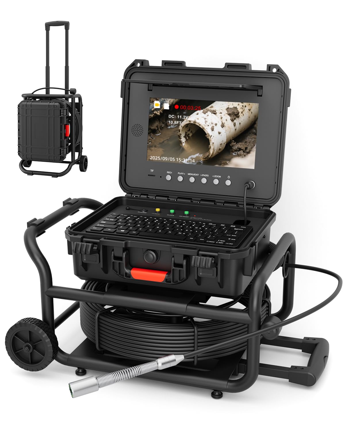 HD Sewer Camera with 7mm/50M Cable, Professional Drainage Pipe Inspection Camera with Distance Counter, Self-Leveling, 512Hz Transmitter and USB Keyboard, Drain Endoscope with Retractable Handle