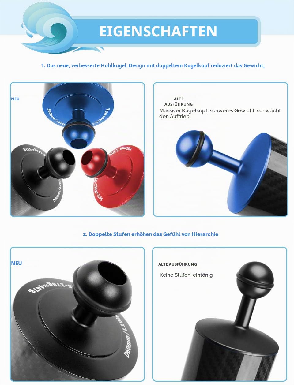 D60 mm Tauch Schwimmer Wasserlampe, Arm 108 g – 584 g 2,5 cm Doppelball 5/8/10/12 Zoll Unterwasserkamer (20,3 cm – 312 g, rot)
