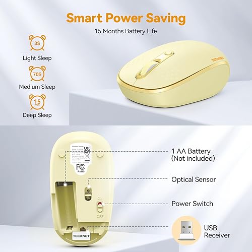 Miniatura 6 de Tecknet Mouse inalámbrico, mouse silencioso de 2.4 GHz con receptor USB, 4 botones, portátil, inalámbrico, para Chromebook, laptop, computadora,