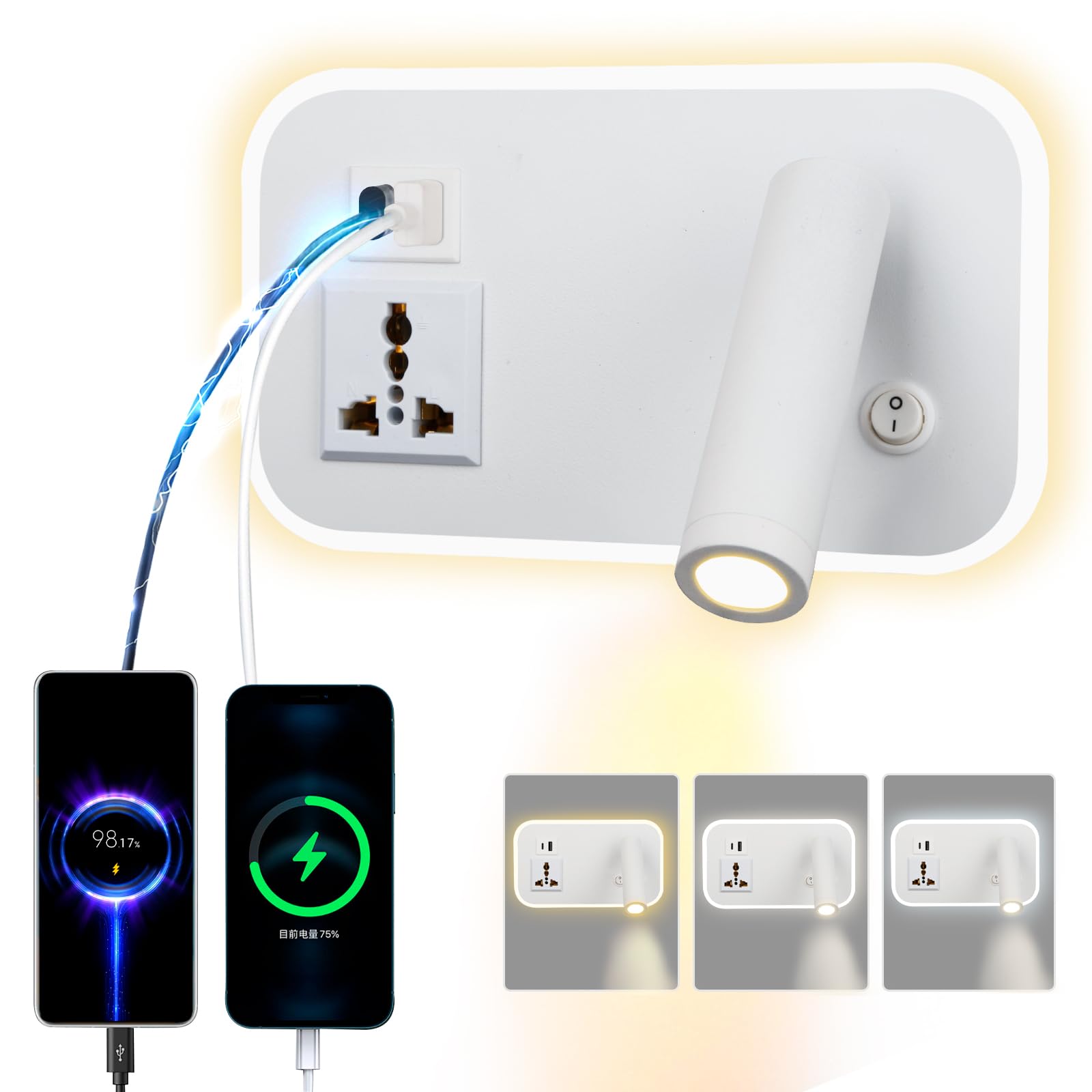 LED lampada da parete da lettura con presa universale, USB Type-C doppia porta di ricarica regolabile interruttore 12W lampada da parete rotante con tre colori dimming (Rettangolo bianco)