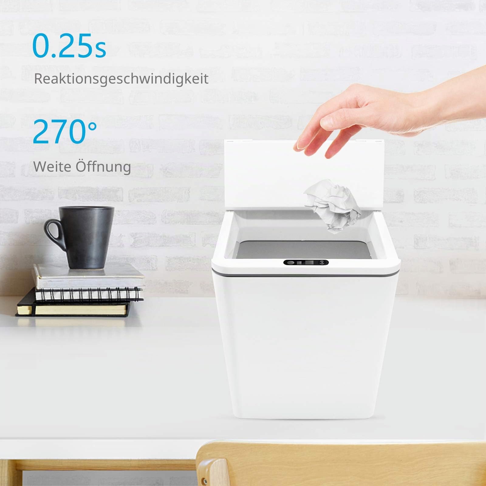 Automatischer kleiner Aufsatz-Mülleimer, wiederaufladbarer Mini-Schreibtisch-Mülleimer mit Deckel für Büroschreibtisch/Nachttisch/Kaffeebar, Weiß, 1,5 Liter