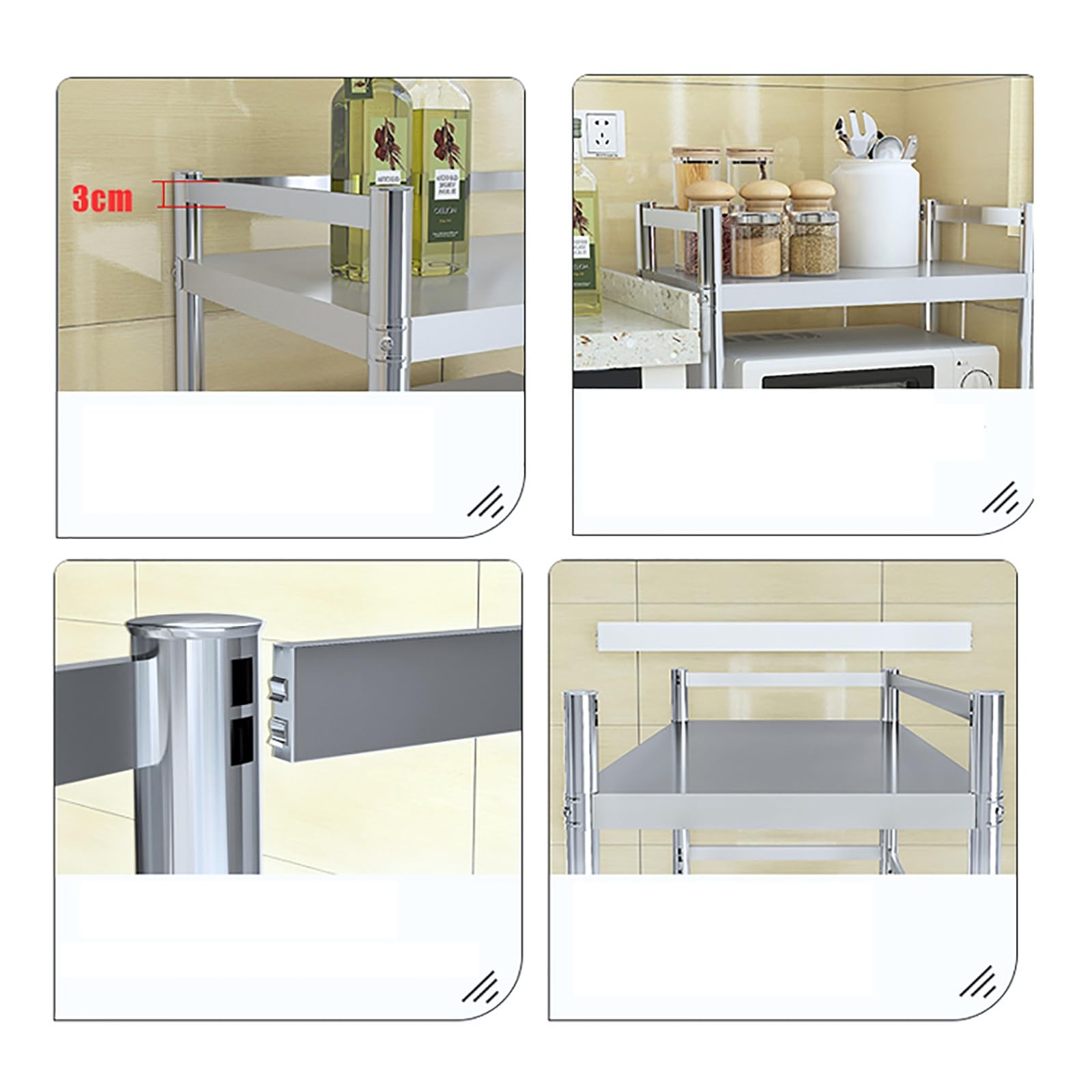 Scaffale da cucina a 3 ripiani in acciaio inox con ringhiera e ruote (70 x 45 x 100 cm)