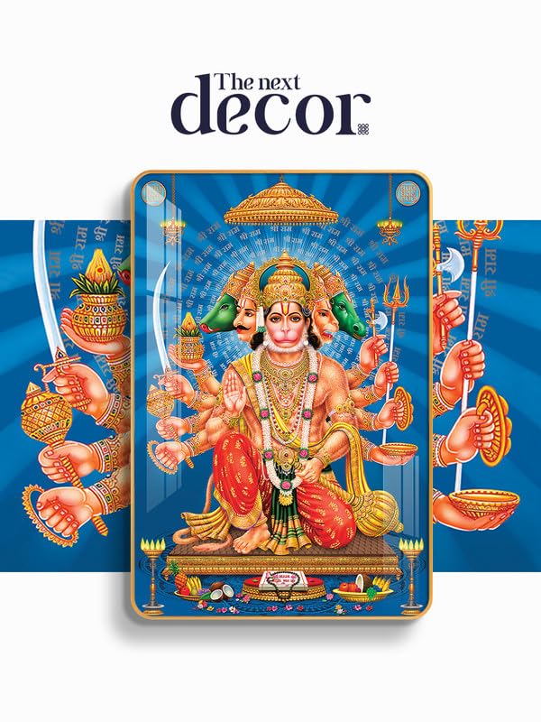 Image of The Next Decor Lord Panchmukhi Hanuman Wood Glass Finish Wall Art Decorative Painting for Living Room, Bedroom, Dining Room (Size: 18x12 Inches)