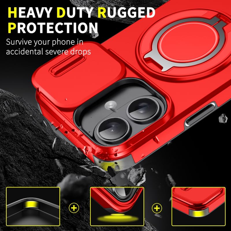 Image of LuxuryKase Shockproof Rugged Case for iPhone 16 Plus | Slide Camera Cover | 360 Rotating Ring Kickstand | Military-Grade Protection - Cherry Red