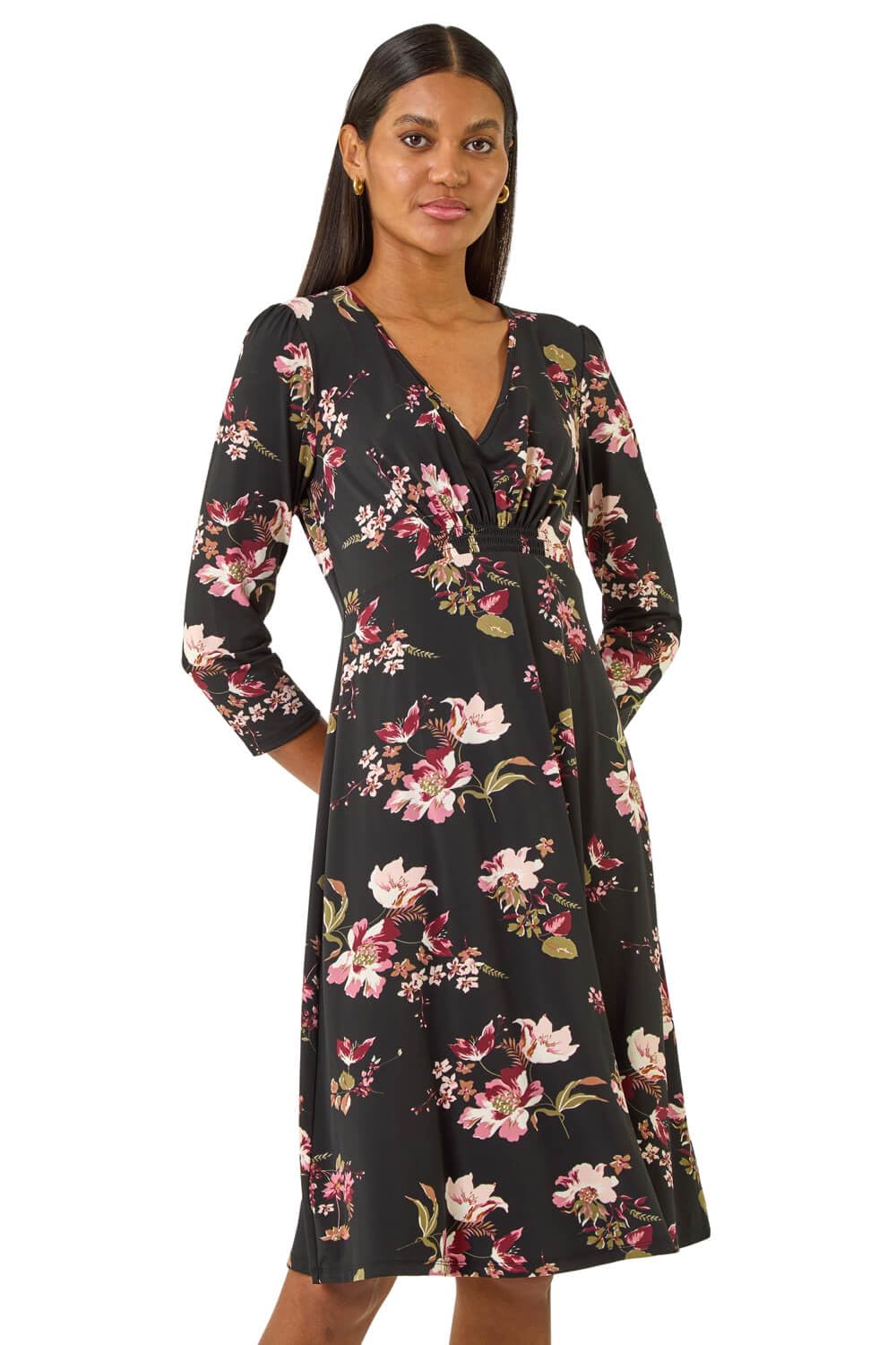 Roman Women's Black Floral Gathered Stretch Dress In Size 12