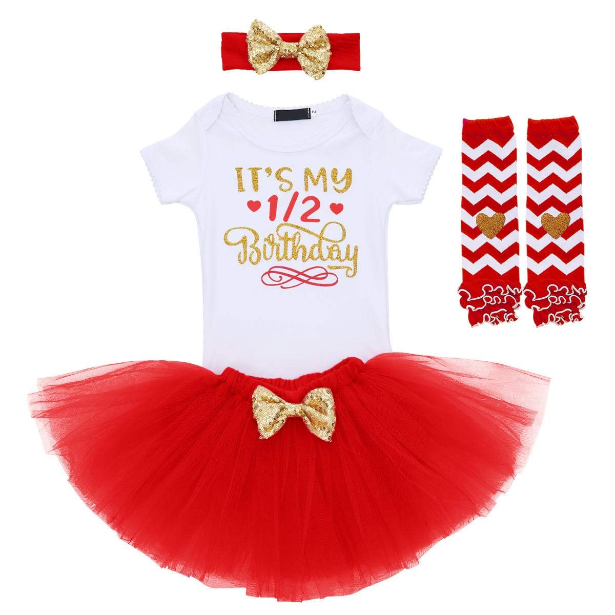 OBEEIIBaby Girl 1/2 1st 2nd Birthday Outfit Short Sleeve Romper Tutu Skirt Headband Leg Warmers Set Cake Smash Photoshoot