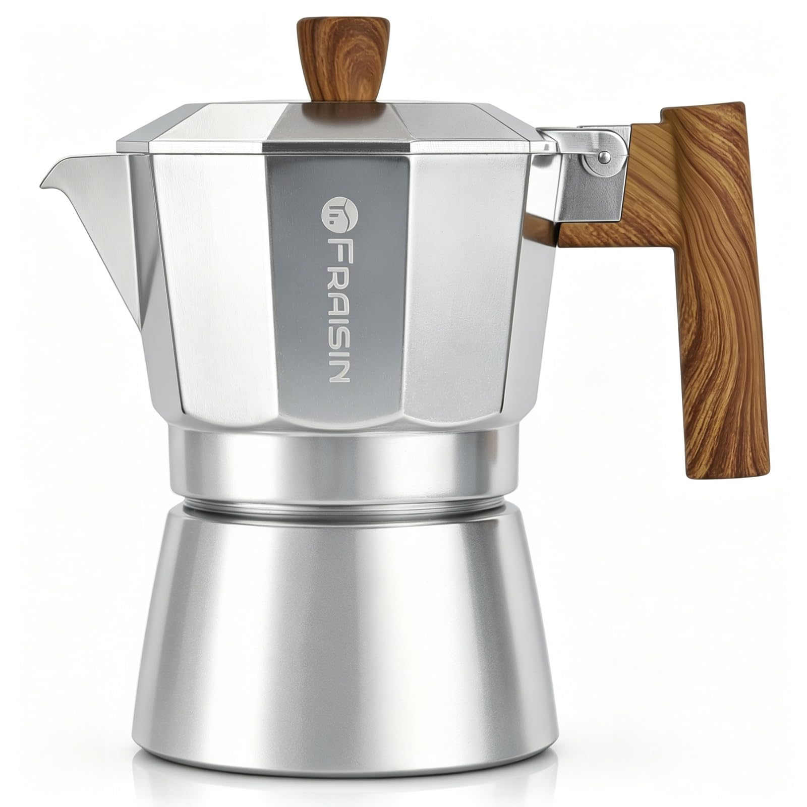 FRAISIN Stovetop Espresso Moka Pot Coffee Maker, Non-slip Wood Grain Handle, Cast Aluminum, Compatible with Gas, and Electric Stoves (Silver, 3 cups)