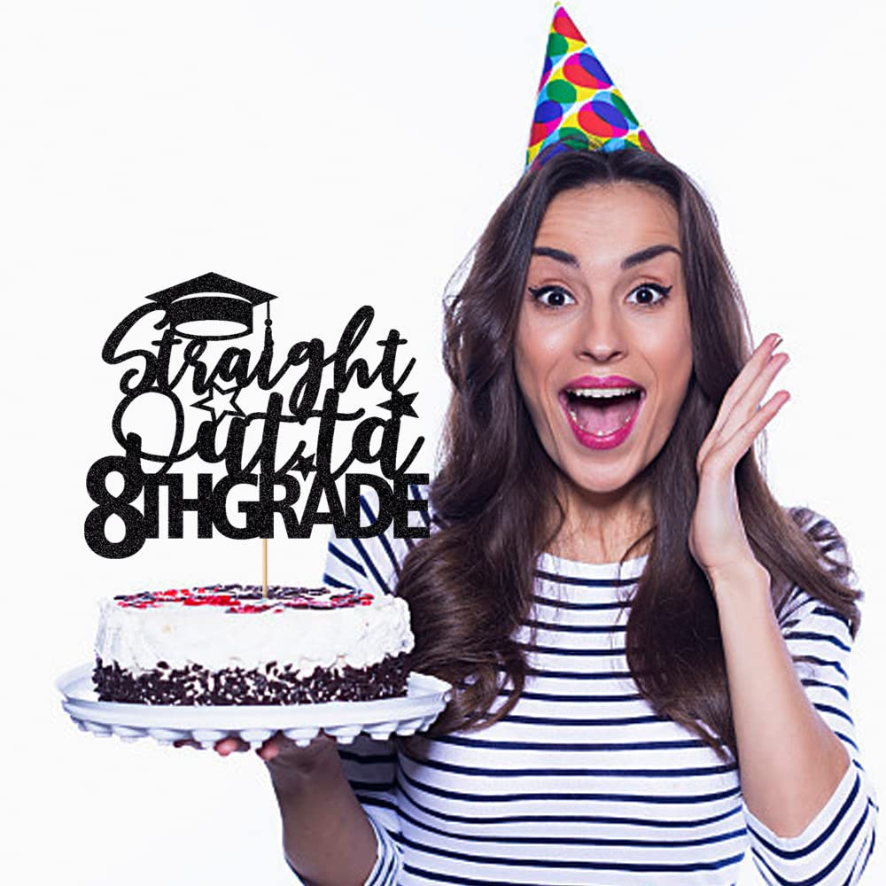 Crseniny Black Glitter 'Straight Outta 8th Grade' Cake Topper - 8th Grade Graduation Party Decorations