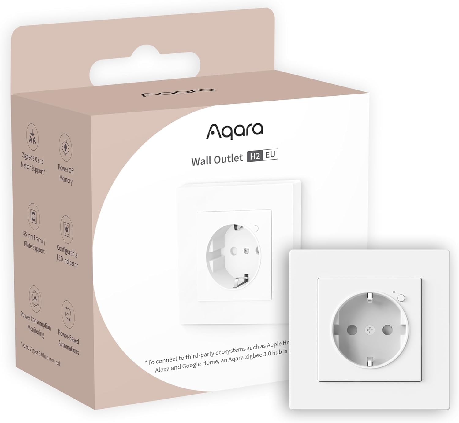 Aqara Wandsteckdose H2 EU Zigbee 3.0, ERFORDERT Aqara HUB, 16A, Energieüberwachung und Stromschutz, Timer-Modus und Sprachsteuerung, Unterstützt HomeKit, Alexa, Google Home, Matter over Bridge