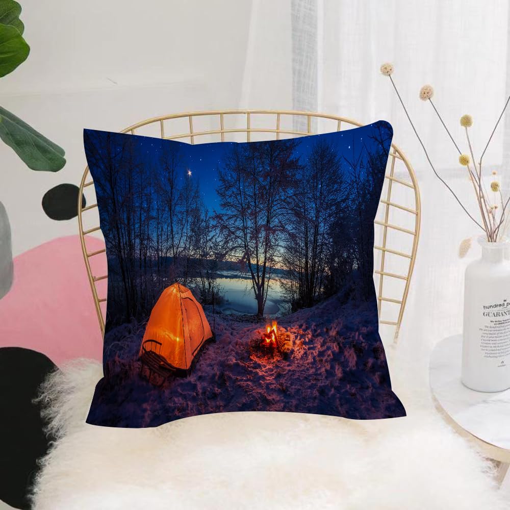 HYMSXW Cushion Cover,Throw Pillow Case Home Decorative for Living Room Bedroom Sofa Chair 20X20 Inch,Illuminated tent in the winter camp by the lake at night with stars,Pillowcase 50X50cm