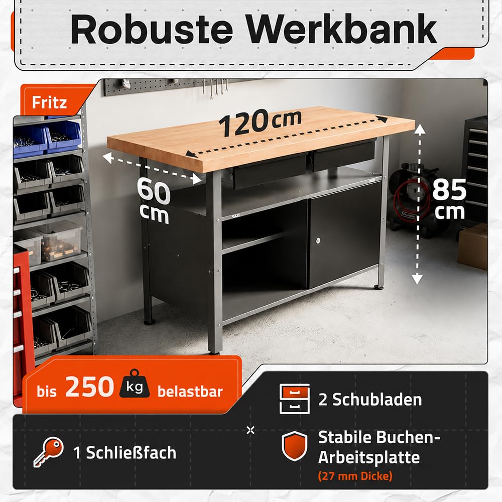 Ondis24 Werkbank Fritz - Höhenverstellbare Werkbank Mit Schubladen, Metall Anthrazit, 120x60x85cm, 28mm Dicke Buchen-Arbeitsplatte, Abschließbare Tür, Belastbar Bis 250kg - Perfekt für Werkstätten