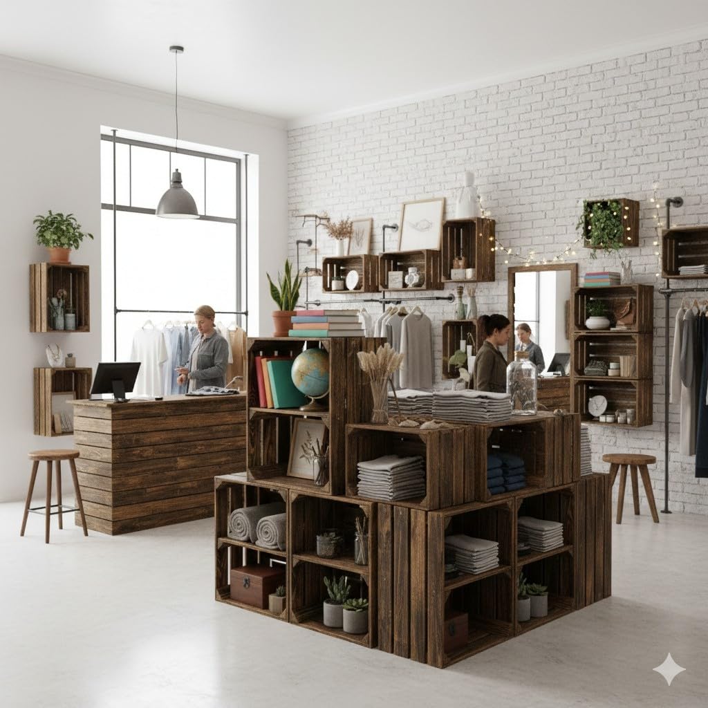 Teramico Holzkisten geflammt 50x40x30cm (4er Set | 2 x Boden Kurz) | Geflammte Vintage Weinkisten im Set als Regal oder zur Aufbewahrung nutzen. Perfekt für stilvolle Dekoration im Wohnzimmer.