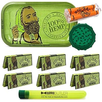Rolling Tray Zig Zag Organic Hemp Metal Rolling Tray, 6 Packs of Zig Zag 1 1/4 Size Organic Hemp Rolling Papers, 78mm Zig Zag Roller, with Acrylic Grinder + Hippie Butler Kewl Tube