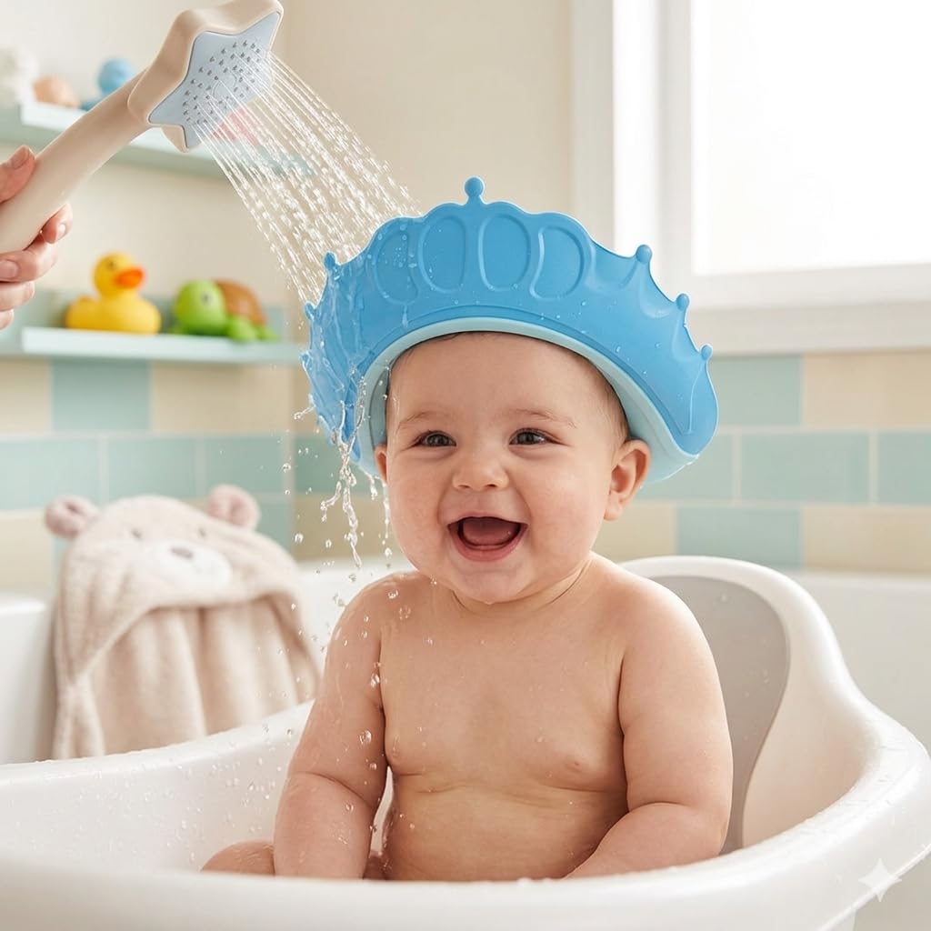 CrazyMart Baby Shower Cap Shield, Shower Cap for Kids,Bath Visor hat for Eye and Ear wash Protection for kids, Waterproof Shampoo hat for Children Toddler Girls Boys, 360° Silicone Bathing Crown (BABY SHOWER CAP BLUE)-image-1