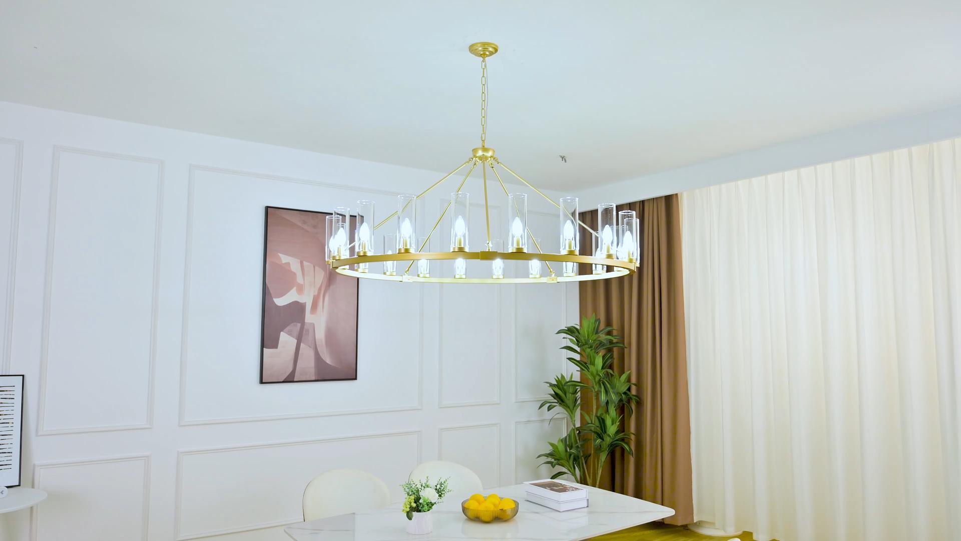 Image of 20 Light Large Wagon Wheel Chandelier with Clear Glass Shade Gold Round Pendant Light Farmhouse Industrial Chandeliers Dining Room Light Fixture for Stair Living Room Foyer Kitchen