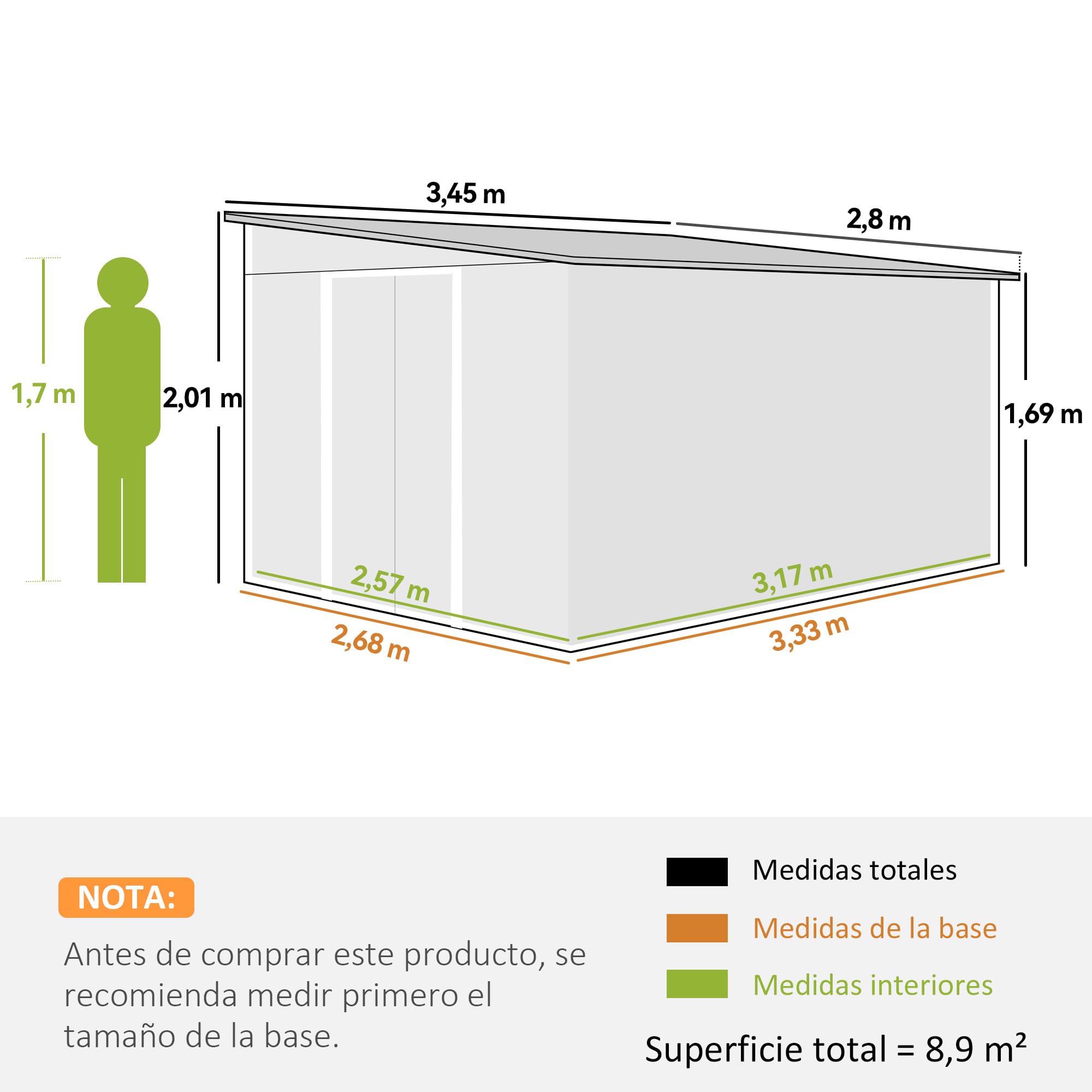 Outsunny Cobertizo de Jardín Exterior 8,9 m² 280x345x201 cm Gris | Caseta de Jardín Exterior Metálica, 2 Puertas Corredizas, 2 Ventanas, para Almacenamiento de Herramientas