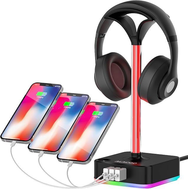 ALACOO RGB Headphone Stand with USB Charger Port Desktop Gaming Headset Holder with 3 USB Charger for Home and Office and Gaming, DJ, Wireless Earphone Display,Headphone Hook (RGB-A)