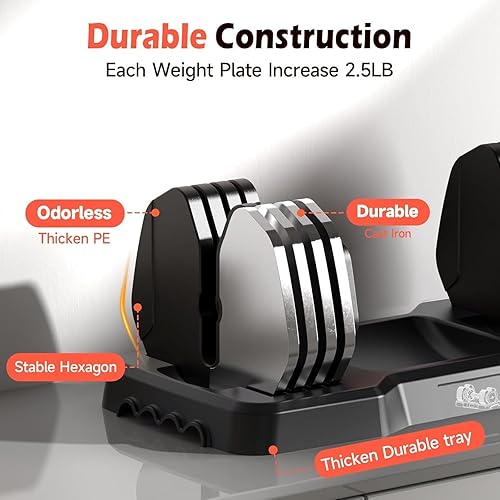 Miniatura 3 de Juego de mancuernas ajustables de 25 libras, 55 libras, par de mancuernas de 5 a 25 libras, peso de 15 a 55 libras, juego de 2, gimnasio en casa 50