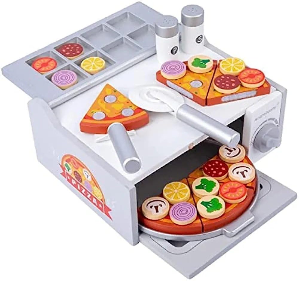 MontyMaestro - Wooden Pizza Oven Pizza Making Toy Set with Toppings Pretend Play Kitchen Cooking Playset for Kids