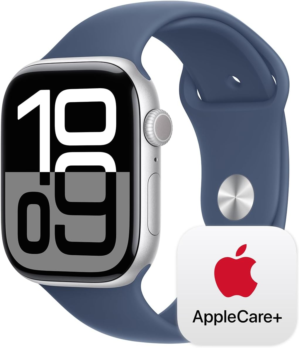 Apple Watch Series 10 [GPS 46mm] with Silver Aluminium Case with Denim Sport Band - M/L. Fitness Tracker, ECG App, Always-On Retina Display, Water Resistant with AppleCare+ (2-years)