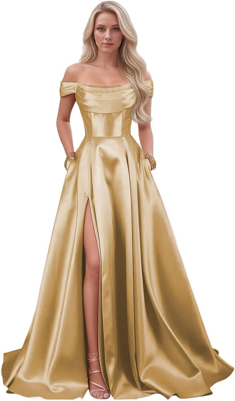Satin Prom Dresses with Pockets Strapless A Line Corset Ball Gowns Off Shoulder Formal Evening Gowns P08