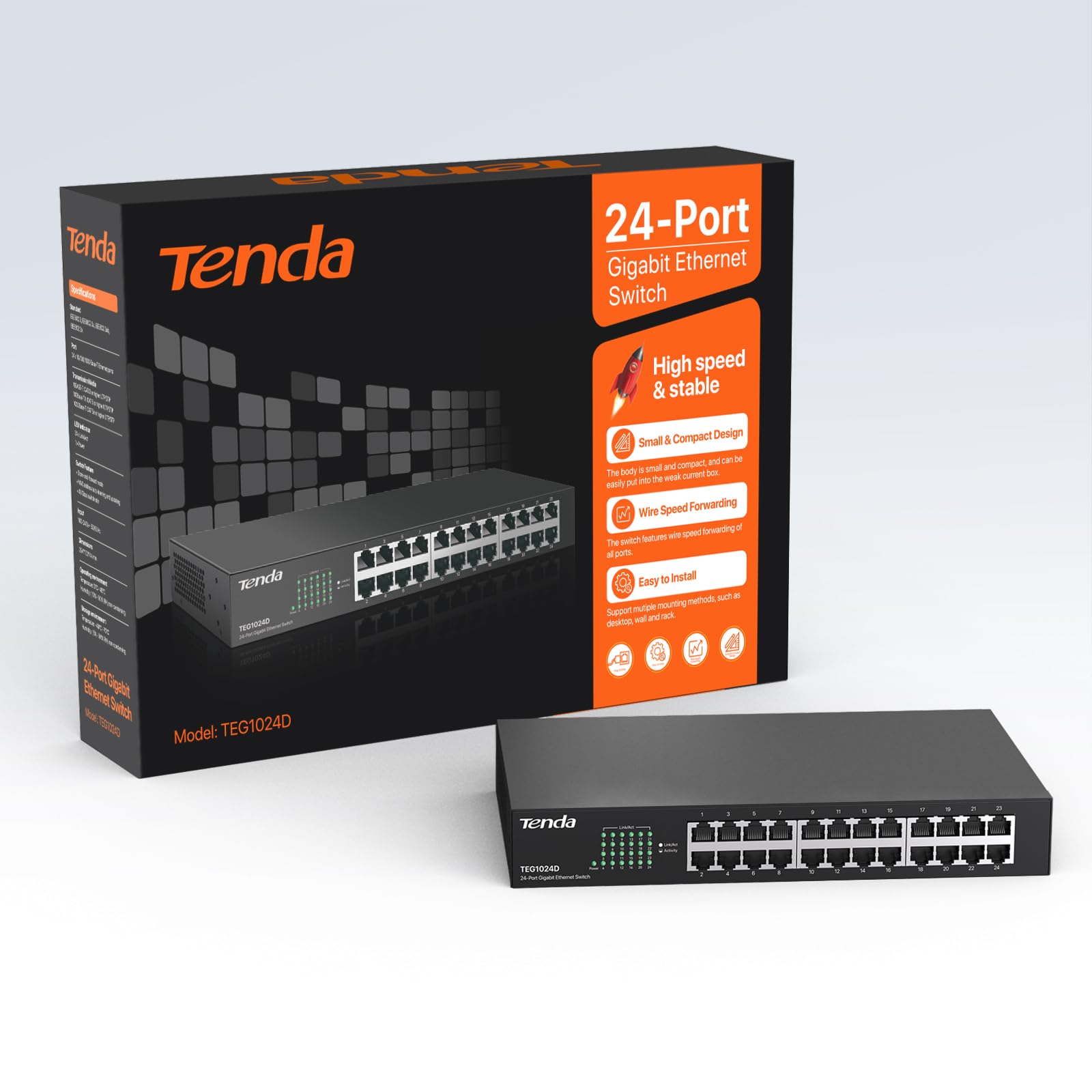Tenda TEG1024D Switch Ethernet 24 Porte Gigabit, Switch Rete 10/100/1000 Mbps, Montaggio Desktop/Wall/Rack, Protezione Contro i fulmini, Funzionamento Silenzioso, Plug & Play, Metallo