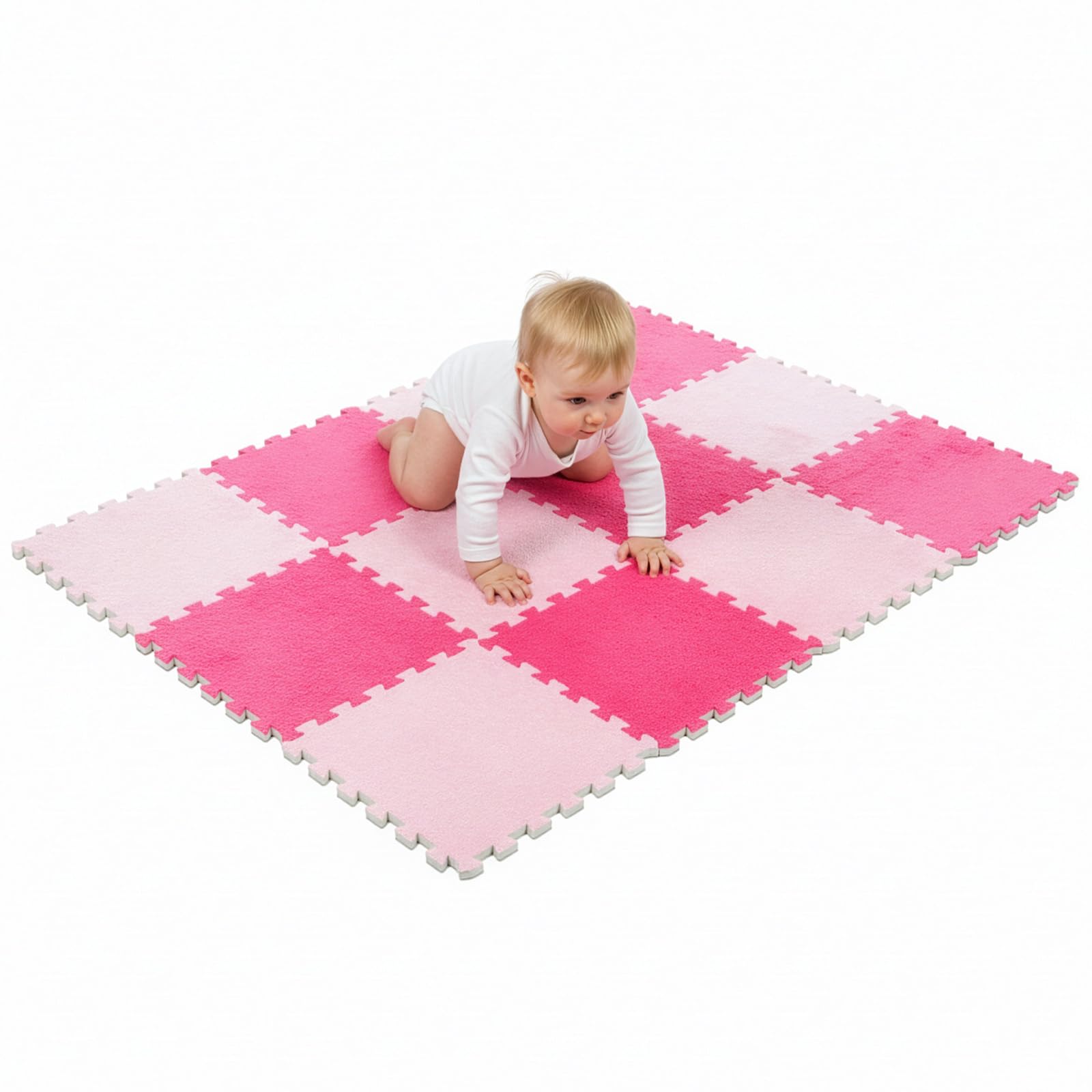 CROWNSHOP Plush Interlocking Foam Floor Tiles 30×30×1cm (12-Pack), Soft EVA Puzzle Play Mats with Edges for Kids, Yoga, Fitness, Bedroom & Living Room (Red & Pink)