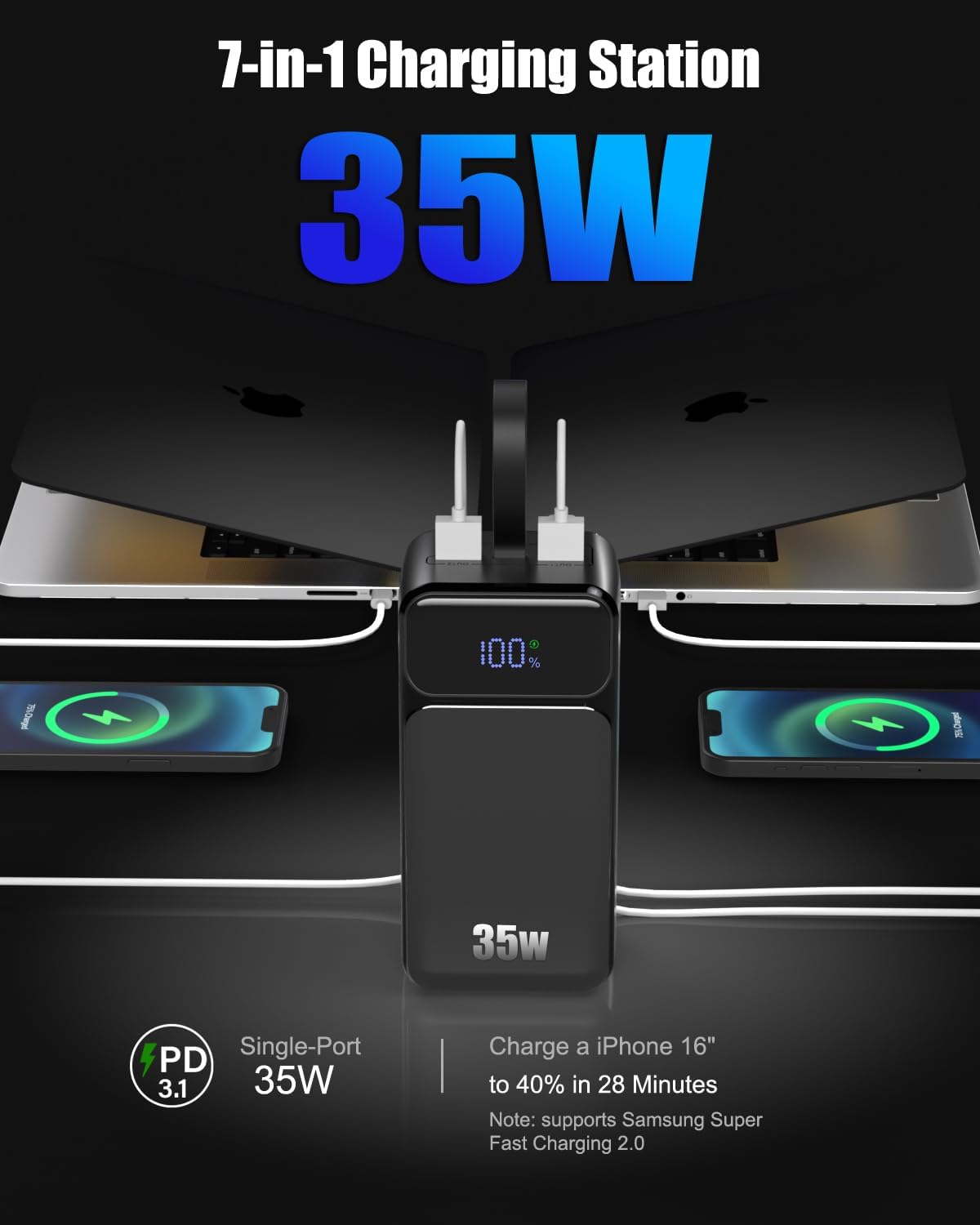 80000mAh Power Bank, 35W Fast Charging Portable Charger Built-in 3 Cables with 7 Ports, High Capacity External Battery Pack for iPhone,Galaxy,Steam Deck, Camping Travel Essentials