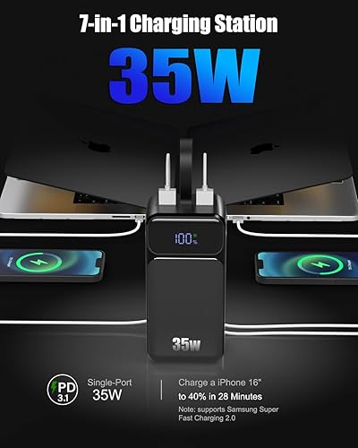 Miniatura 4 de Banco de energía de 80000 mAh, cargador portátil de carga rápida de 35 W, 3 cables integrados con 7 puertos, batería externa de alta capacidad para