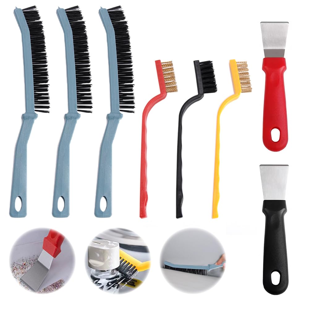 Wire Brush Set, 3Pcs Hard Bristle Crevice Cleaning Brush, Groove Gap Cleaning Bbrush, Thin Cleaning Brush, 3Pcs Mini Small Wire Brush for Rust Removal, 2Pcs Oven Scraper Tool Non Scratch, Hob Scraper