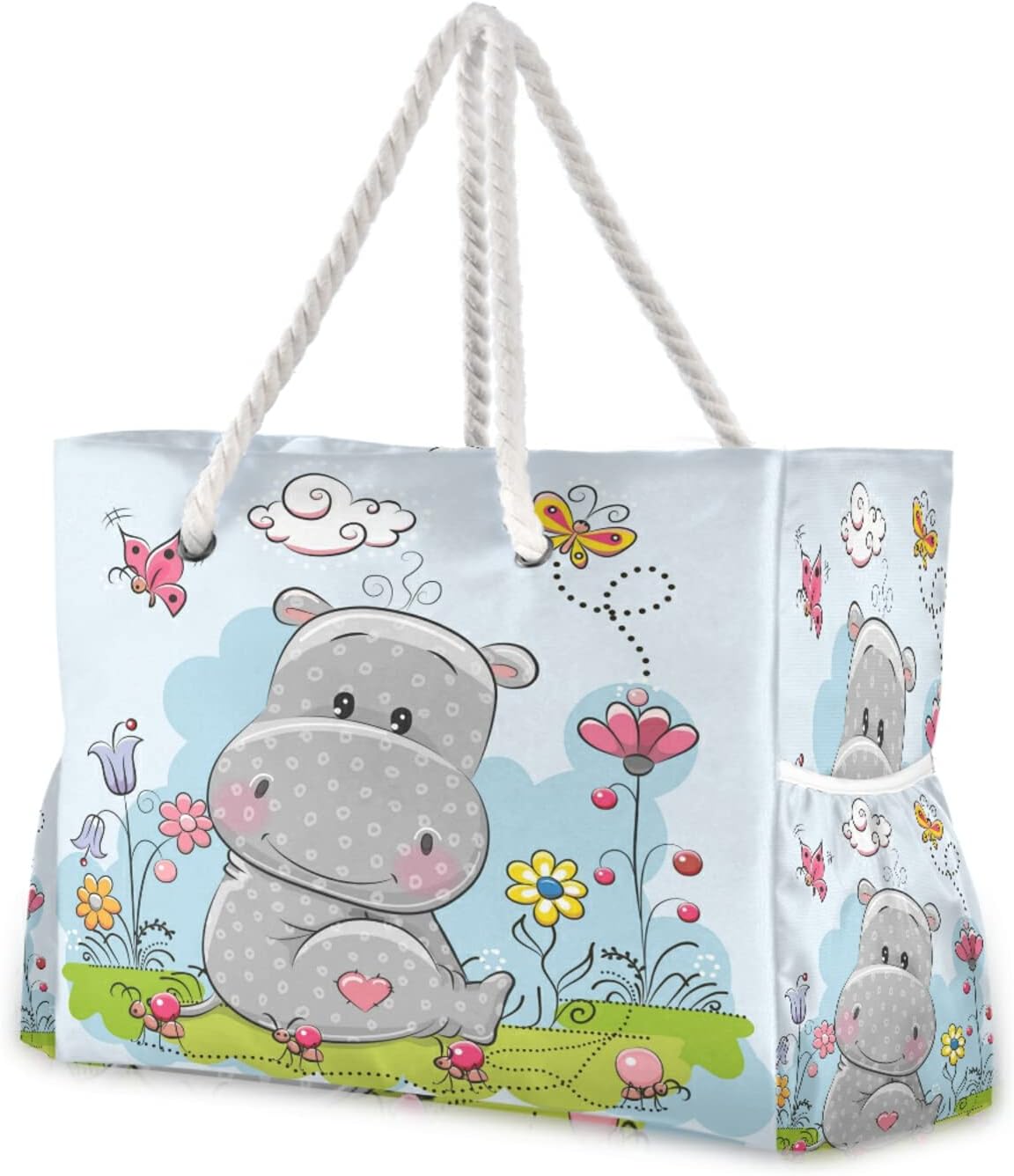 Large Zip Tote Beach Bag ,Oversize Cute Cartoon Hippo Tote Bag Shoulder Bag Weekender for Gym Beach Travel Pool Yoga Nurse, One Size