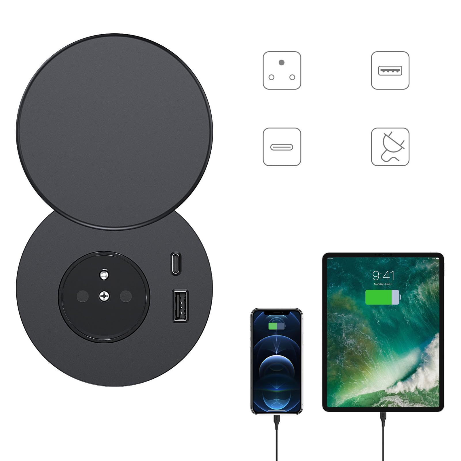 ASHATA Presa elettrica da incasso con coperchio e doppia porta di ricarica USB per scrivanie e piani in ABS ignifugo (spina UE)