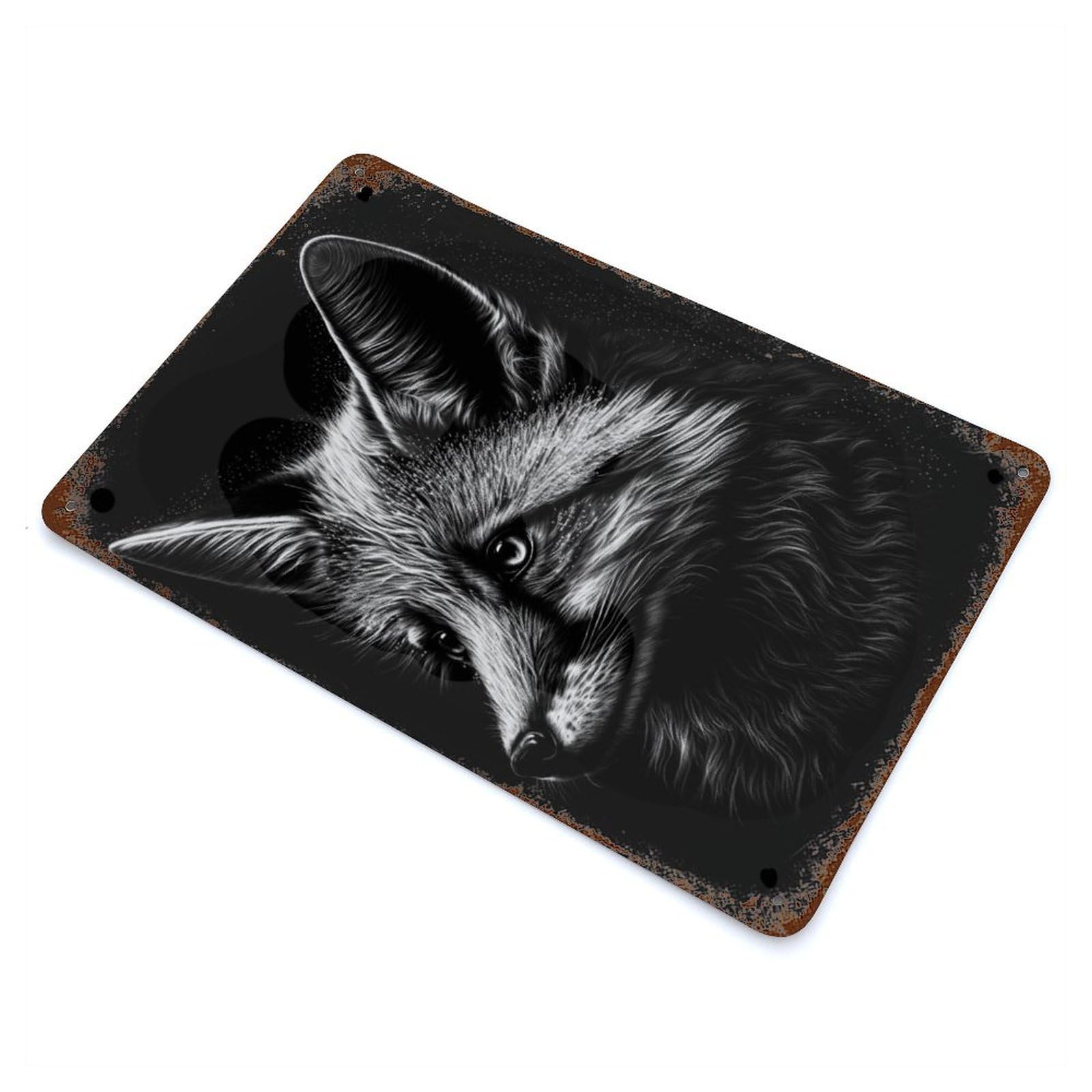 Fox BW 11.8"x7.9" Rust Effect Tin Sign, Industrial Home Decor for Living Room, Hallway And Home Decor