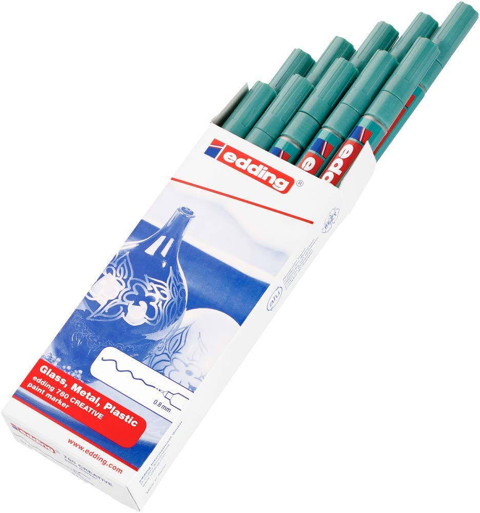 edding 780 Glanzlackmarker - grün-metallic - 10 Lackmarker - extra-feine Rundspitze 0,8 mm - Lackstift für Glas, Stein, Holz, Kunststoff und Papier - wasserfest, stark deckend, sehr dünn