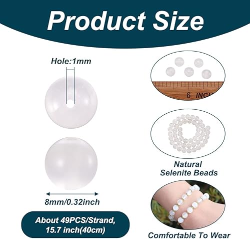 Miniatura 3 de Fashewelry 49 cuentas redondas sueltas de selenita natural de 0.315 pulgadas (0.315 in), cuentas de piedra de cristal para curación de energía para