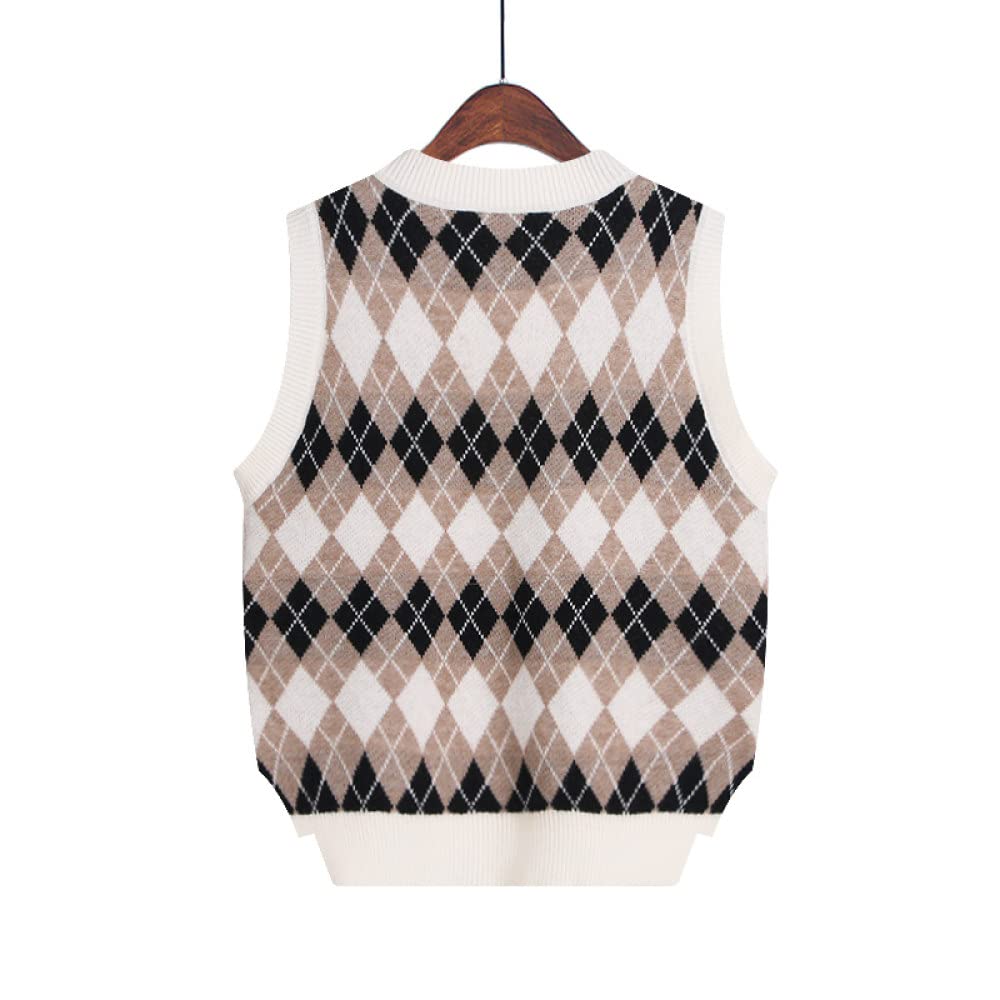 Maglione Gilet Donna,Gilet Lavorati A Maglia da Donna Maglioni Slim Pullover Vintage A Rombi Beige con Scollo A V Gilet in Maglia Stile College Caldo Maglioni Invernali Senza Maniche Canotta